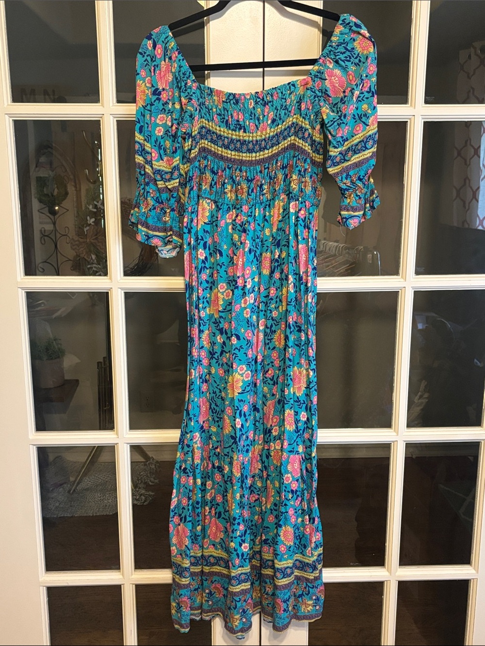 Teal Floral Off-Shoulder Maxi Dress with Smocked Bodice